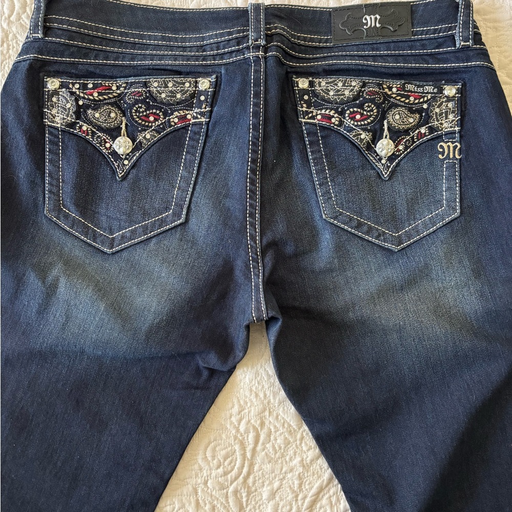 Miss Me Blue Boot Cut Jeans with Rhinestone and Paisley Embellishments